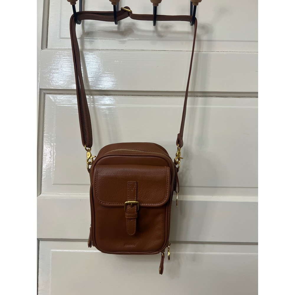Minooy Brown Pebbled Leather Crossbody Bag Gold Hardware Small Messenger Purse